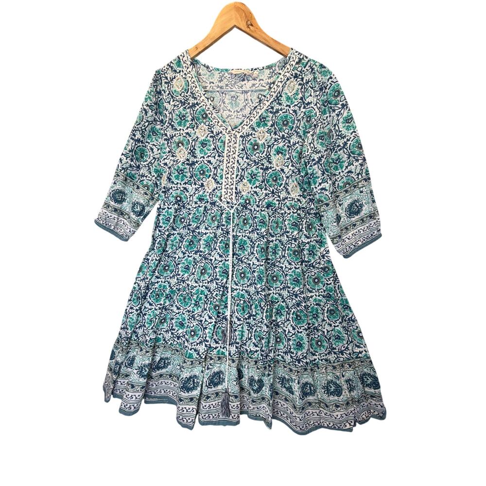 Soft Surroundings Size M Boho Floral Medallion Tunic Dress Tassel Tie Teal Green - Picture 2 of 8